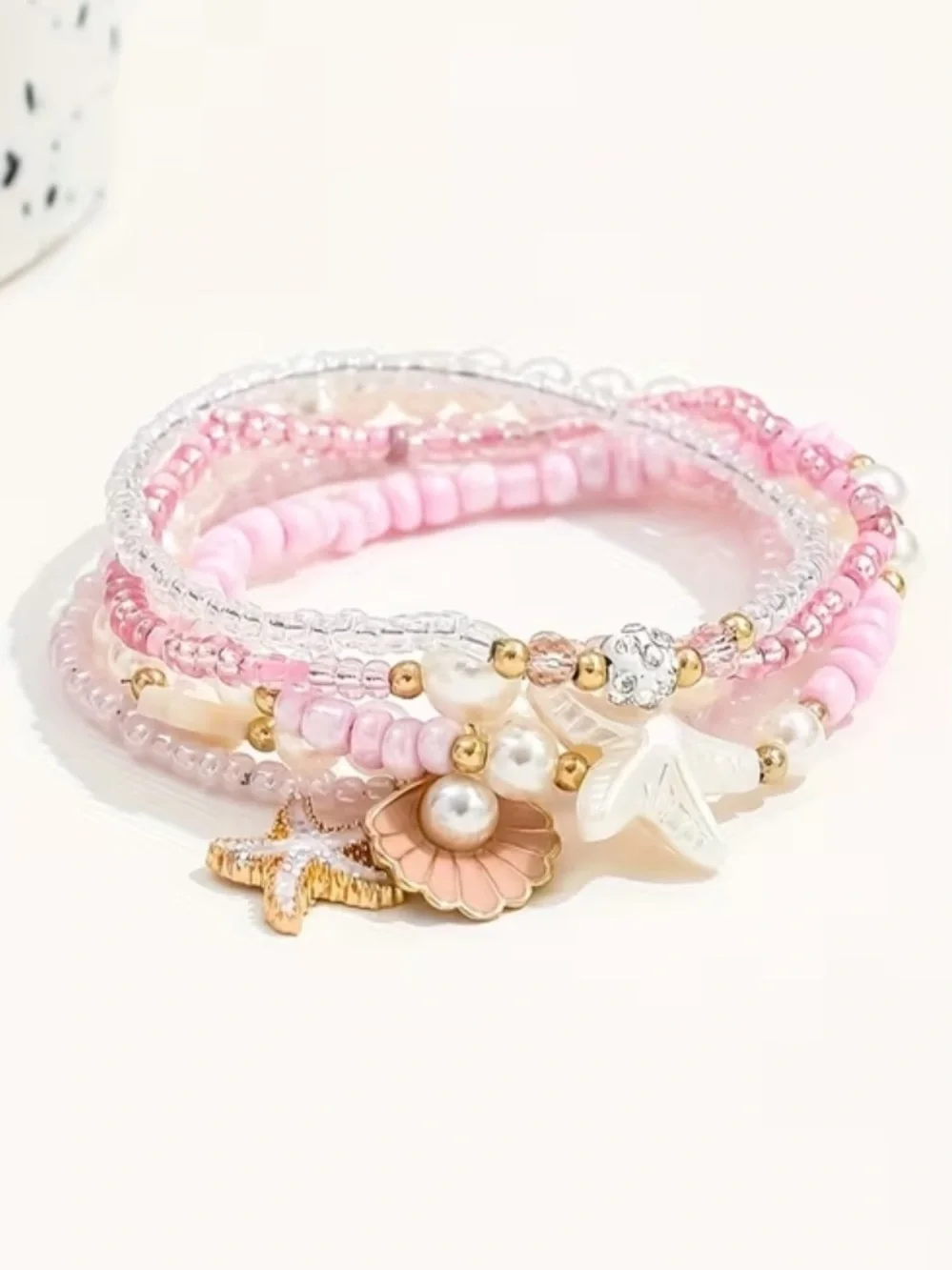 5PC Pink Beaded Charm Bracelet Set